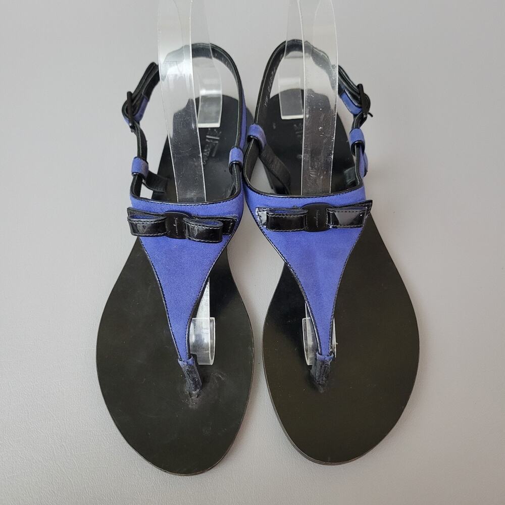Salvatore Ferragamo Blue Suede Patent Thong Flat Sandals Bow Slingback Size 9 - Picture 6 of 11